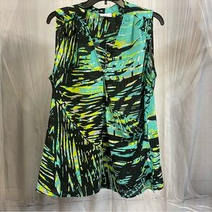 Bold Asymmetrical Blouse Blue Green Sleeveless Tunic Top Button Front Size Large